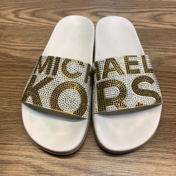 Michael Kors Gilmore Gold Rhinestone Embellished White Slides Size 8M - Picture 1 of 11